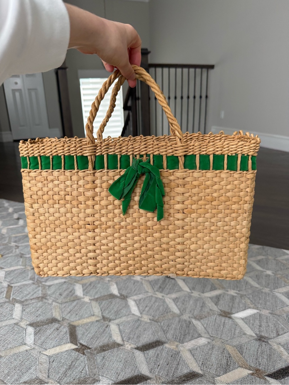 Vintage Straw Tote with Green Velvet Ribbon Trim